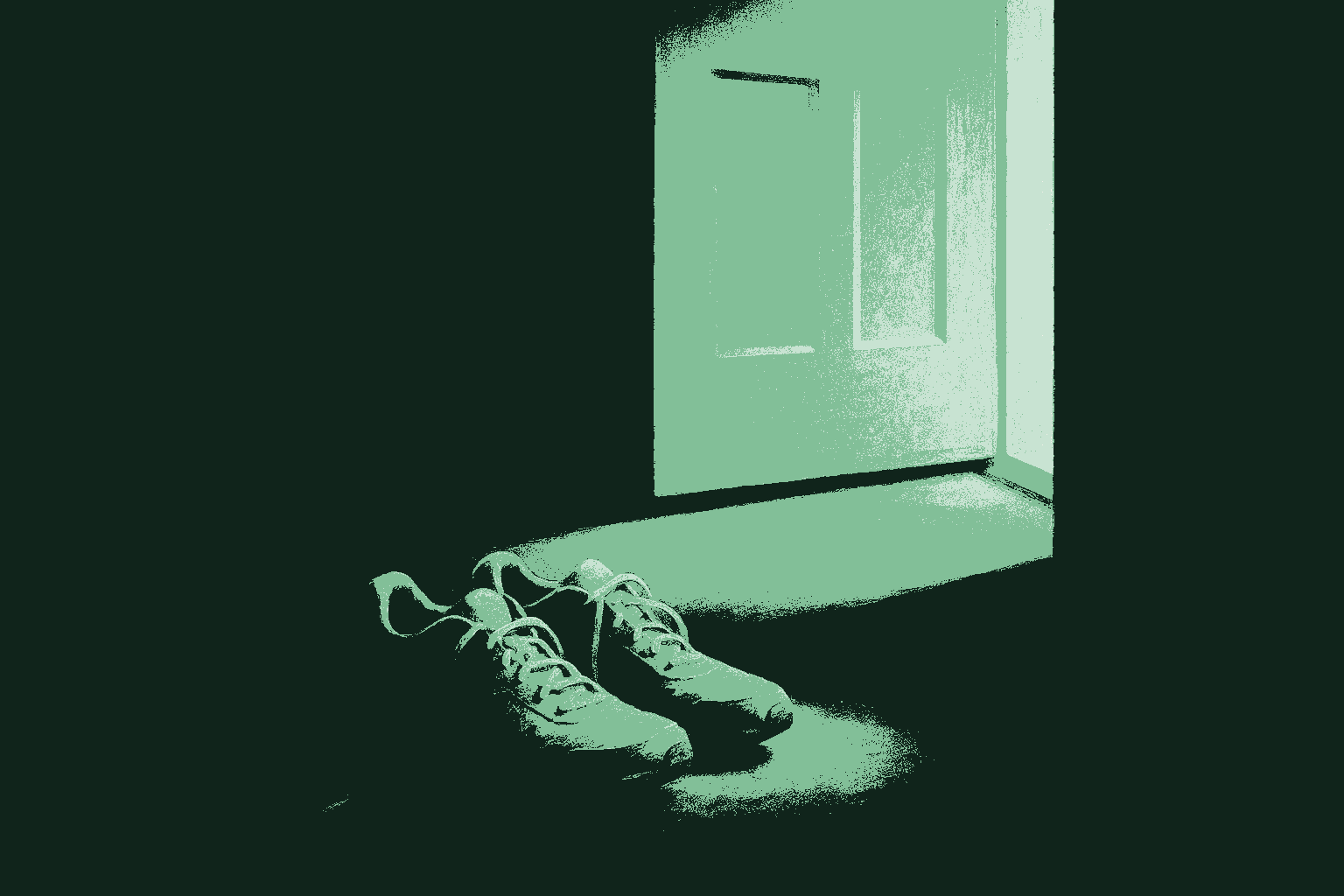 A pair of well-worn running shoes by a front door at dawn, laces loose, ready for the daily run, soft morning light coming through the doorway, rendered in muted warm cream against a deep forest green interior with the dawn light catching accent sage green. The quiet daily habit, unglamorous and repeated, that compounds.