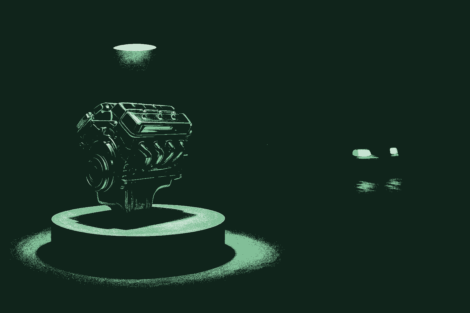 A sleek oversized engine on a pedestal under a spotlight in an empty showroom, while through the window behind it a modest car drives past on the road with its headlights on, actually going somewhere. Rendered in muted warm cream against a deep forest green showroom, the moving car's headlights catching sage green. Raw power admired versus usable experience in motion.