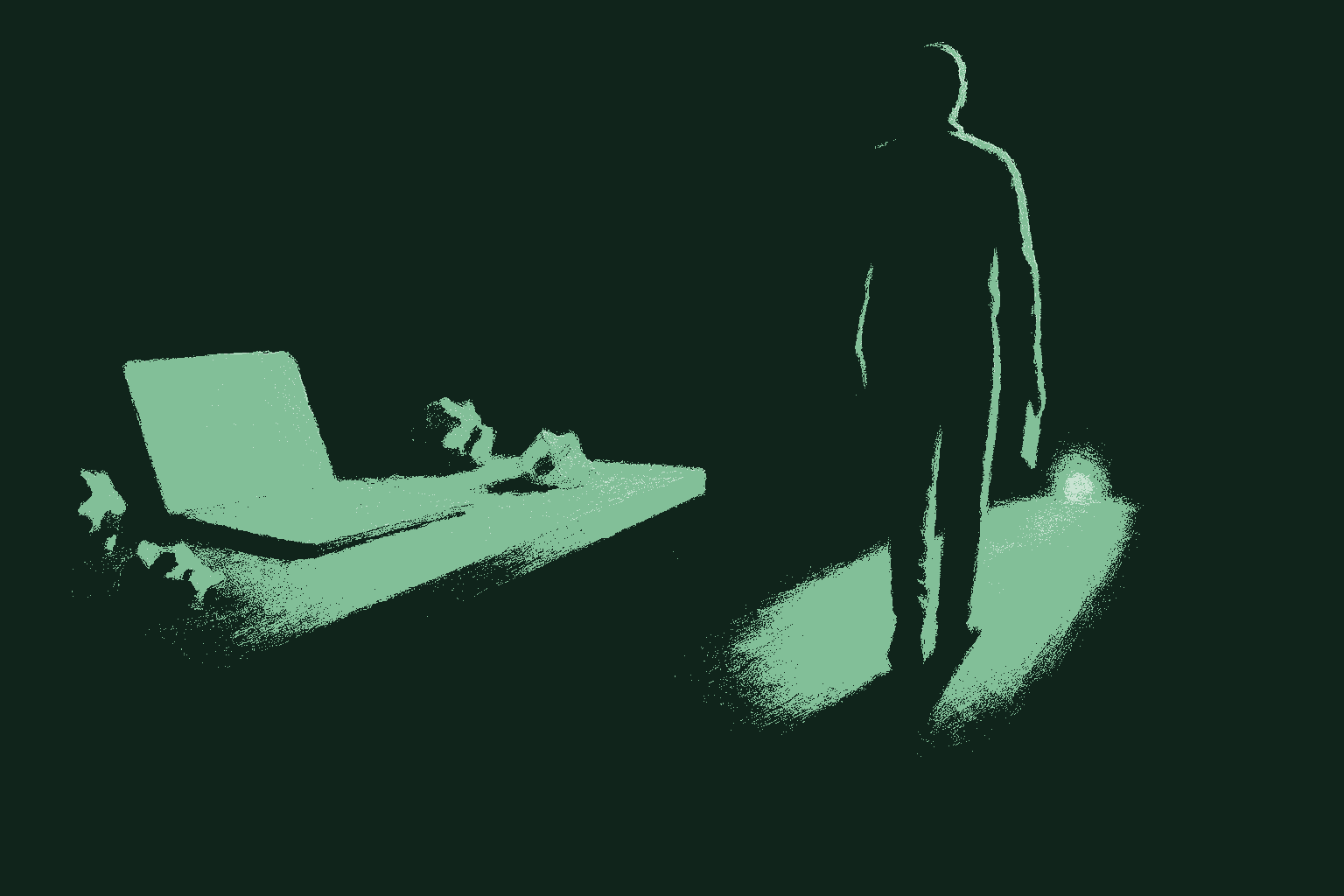 A single figure walking away from a table scattered with crumpled paper and a closed laptop, carrying only a small notebook, a light source behind them casting a long forward shadow, rendered in muted warm cream against a deep forest green background with the notebook and the forward light catching accent sage green. The quiet resolve of choosing what to carry and what to leave behind.