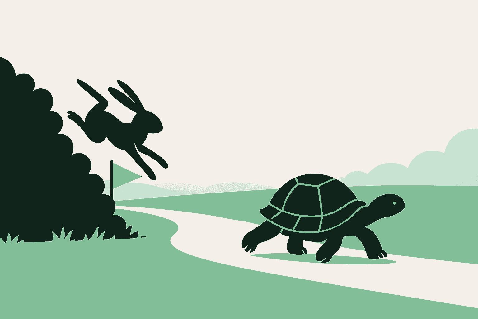 The tortoise and the hare on a sunlit country race path in sage and forest green: the hare has shot past the checkpoint flag so fast it is tumbling off the path into the hedge, while the calm tortoise walks the path itself, steady and exactly on course. Fast and wrong loses to right.