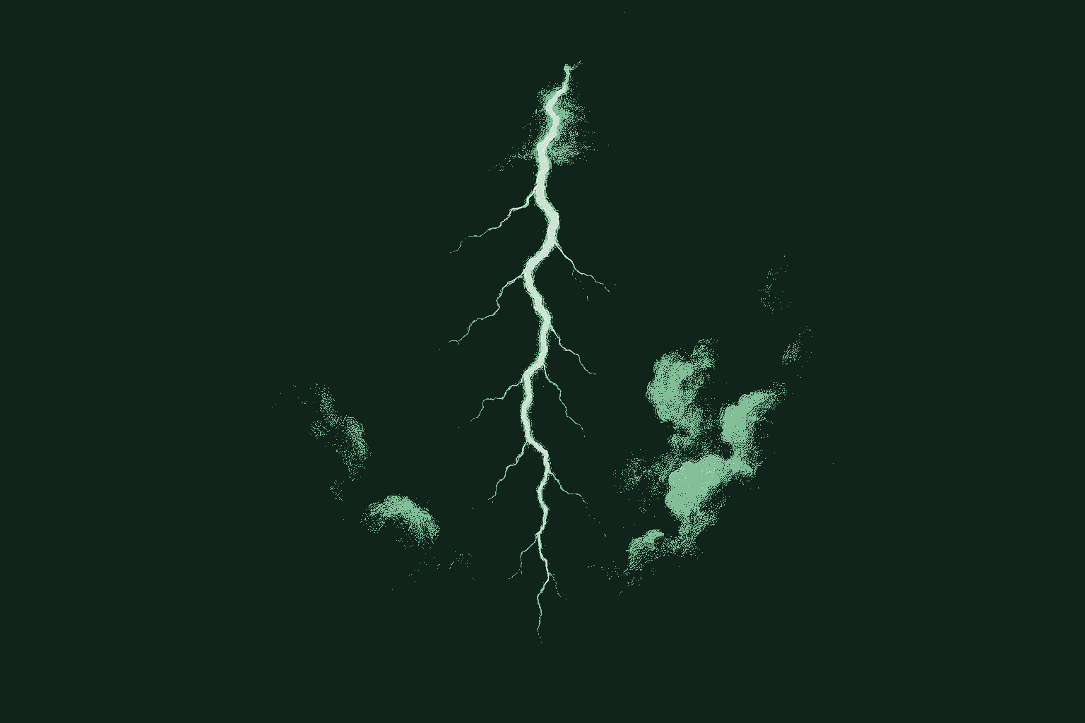 A single jagged bolt of lightning striking down through heavy storm clouds, rendered in muted warm cream against a deep forest green night sky, the bolt and the lit edges of the clouds catching sage green. Innovation looks like a lightning bolt, but rarely is.