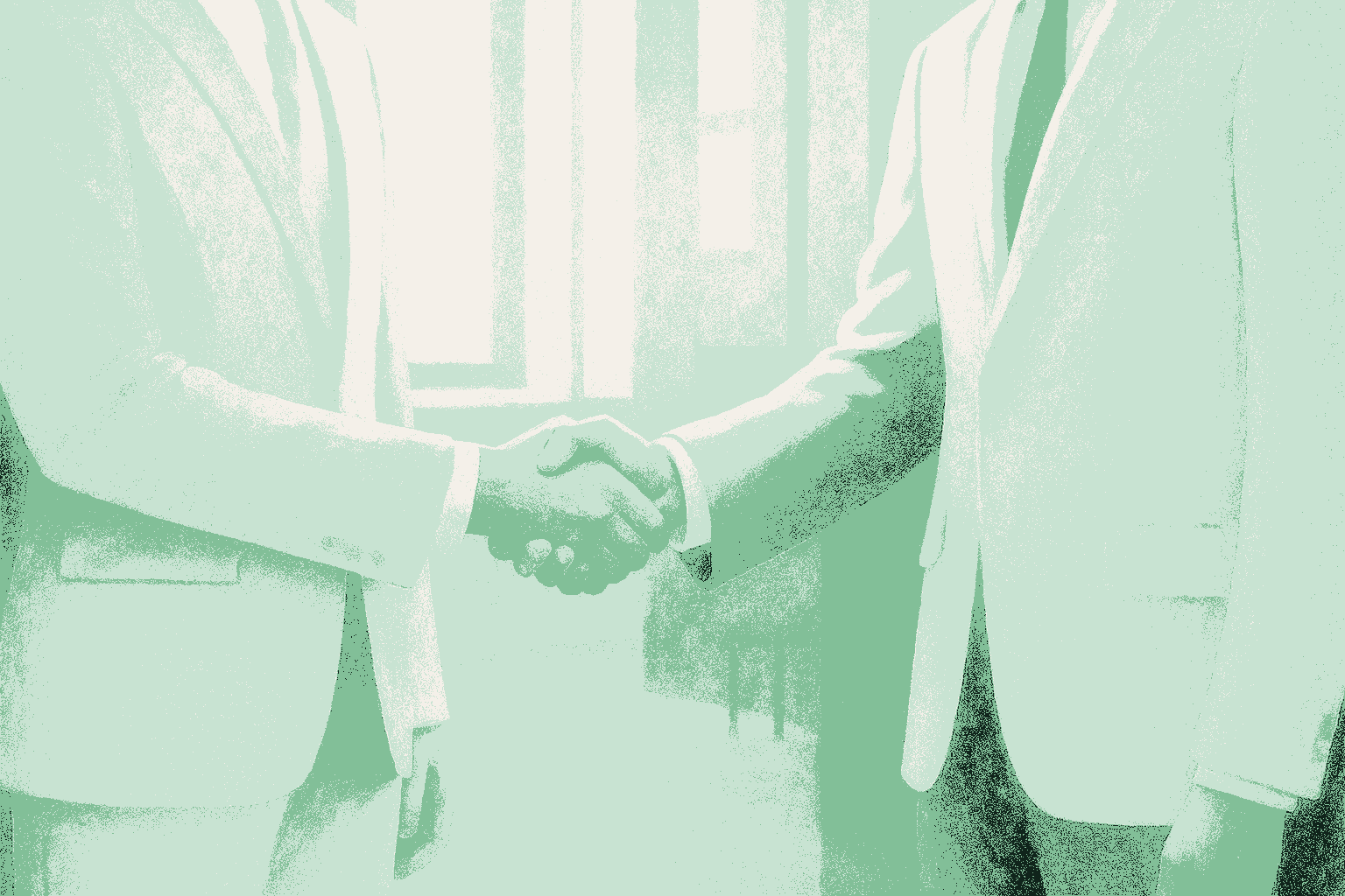 Two businessmen in suits shaking hands, framed from the chest down so the clasped handshake sits at the center of the image, rendered in muted warm cream against a deep forest green office background with the handshake catching a soft sage green light. The gesture of a hire being made, an agreement and a role accepted.