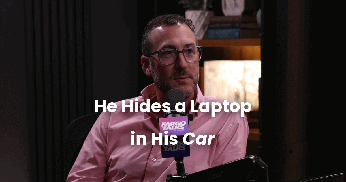 Judd Hoffman speaking on the Fargo Talks podcast, with the on-screen title card reading He Hides a Laptop in His Car