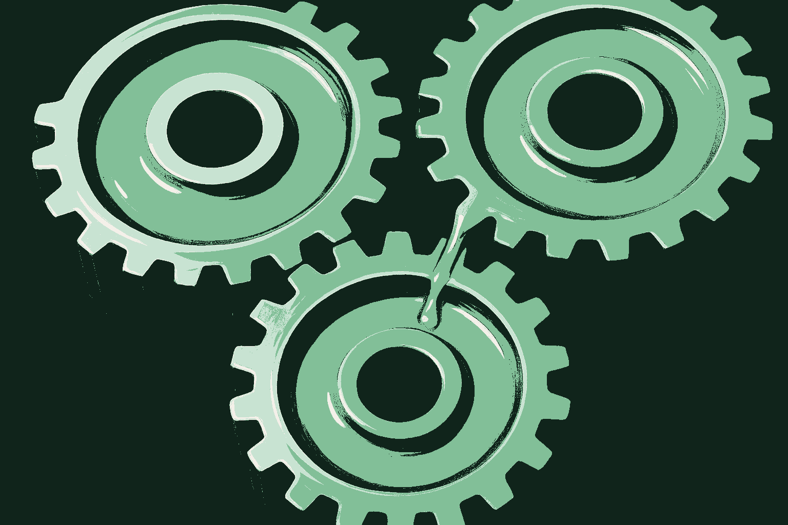 An extreme close-up of interlocking metal machine gears meshing together, coated in a glossy film of fresh oil that catches the light, a bright bead of oil sliding down one gear tooth, rendered in muted warm cream polished metal against a deep forest green machine housing with the wet oil sheen catching sage green. Friction removed, the machine moving smoothly.