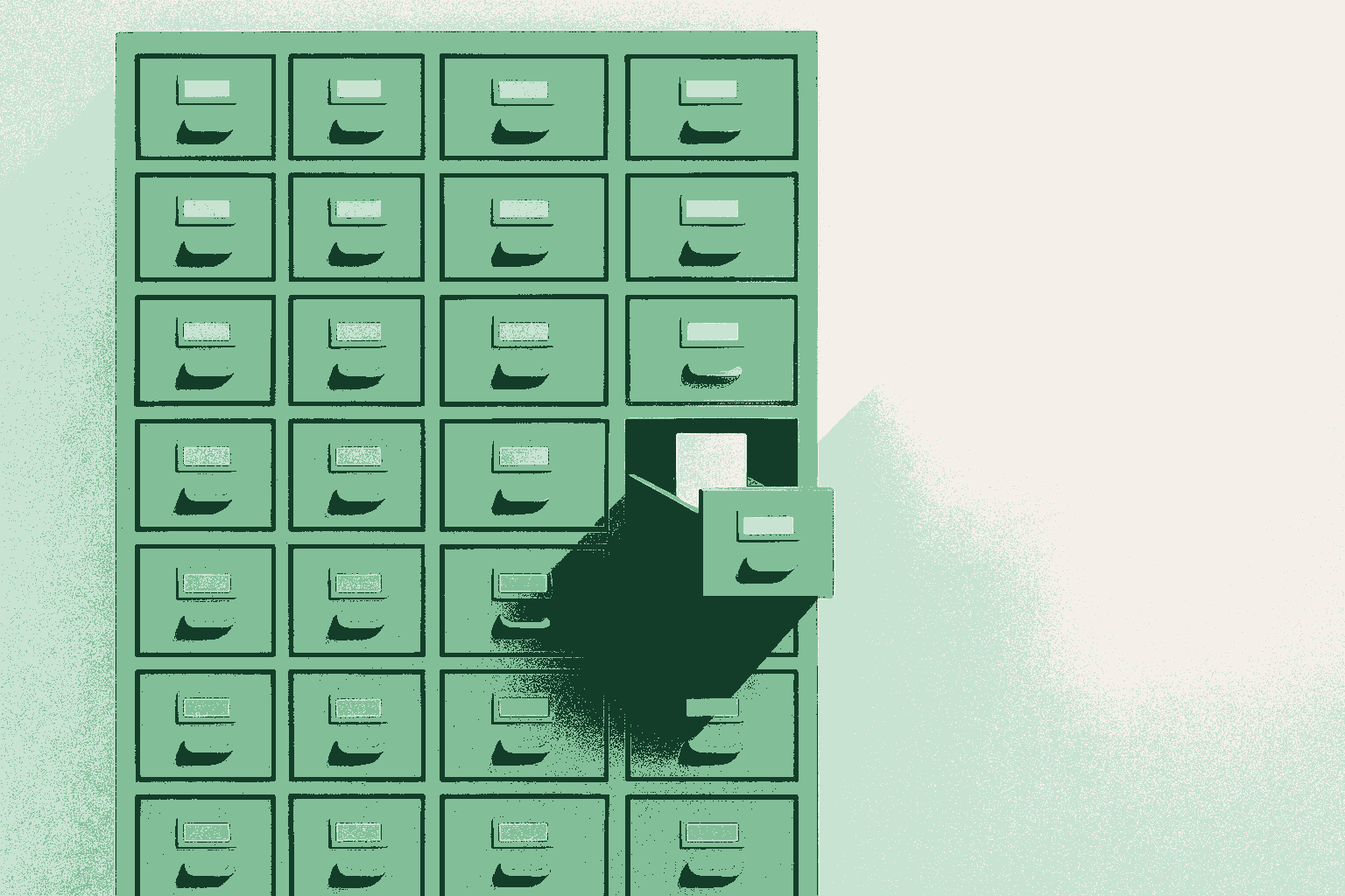 A wall of small labelled cabinet drawers seen straight on, arranged in a tall even grid and all closed flush, except one drawer near the centre pulled open with a single card standing upright in it, lit by a warm shaft of light. Rendered in warm cream, sage, and deep forest green.