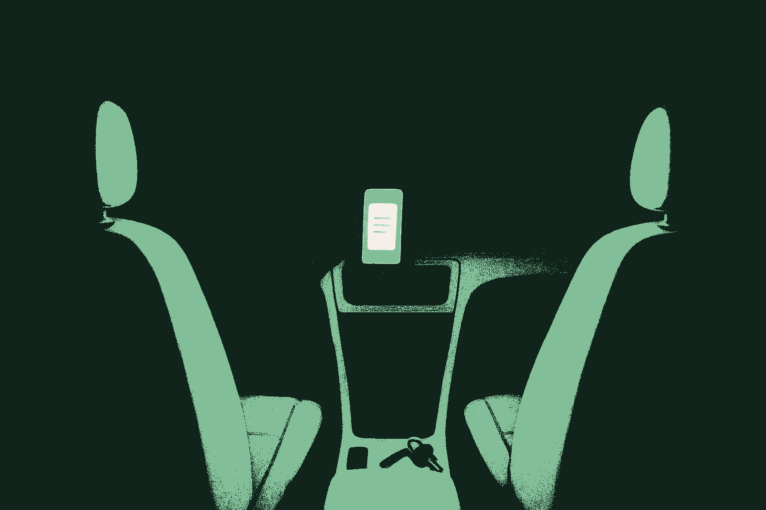 The interior of a parked car at dusk seen from the back seat, a smartphone glowing on the dashboard mount with an abstract document shape on screen, the driver's seat empty and keys still in the console, rendered in muted warm cream against a deep forest green interior with the phone glow catching accent sage green. The suspended urgency of the moment that happens in the car.
