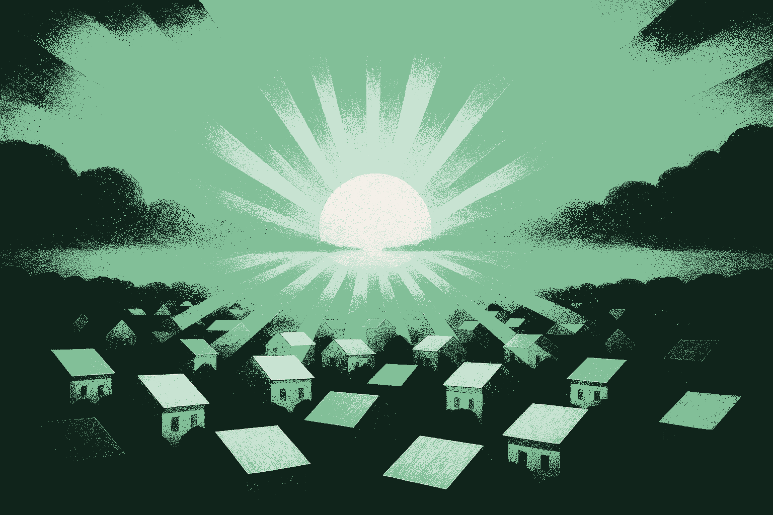 A cluster of simple house rooftops sitting in dim forest-green shadow while a break in heavy clouds above sends a single shaft of warm light down onto them, most rooftops still in shadow and a few catching cream-colored light, the shaft glowing sage green. Opportunity and belief descending on the houses that were overlooked.