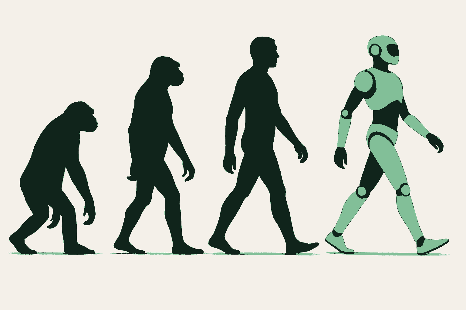 The iconic march-of-progress evolution sequence rendered in deep forest green silhouettes walking left to right across a warm cream background: ape, early hominid, upright human, and finally, as the last and most advanced figure, a sleek humanoid robot in sage green with soft mint highlights. The technology is the one that has evolved to keep up.