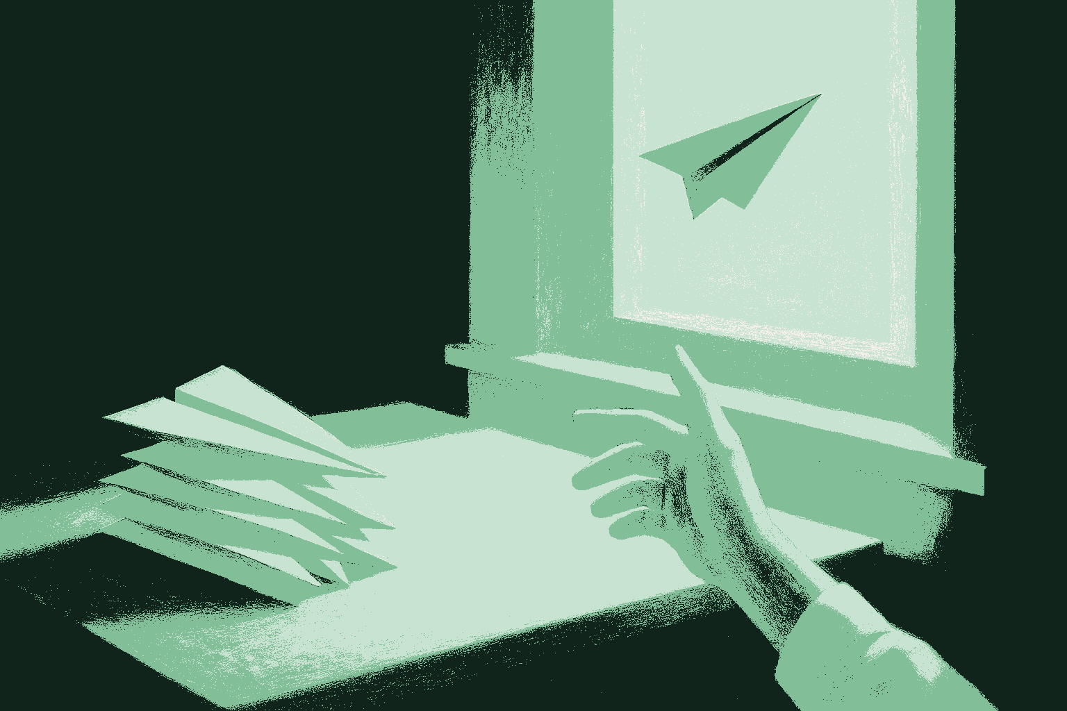 A hand releasing a paper airplane out an open window into bright morning air, with a desk behind it stacked with folded paper planes ready to follow, rendered in muted warm cream against a deep forest green room with the airborne plane catching accent sage green. The handoff: work released with confidence, more ready to go.