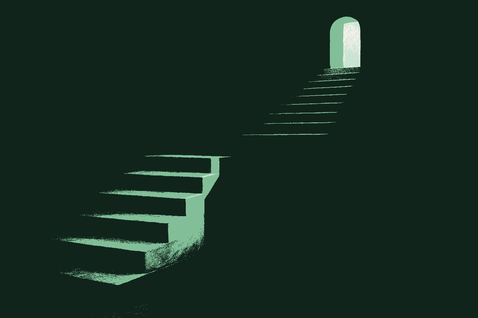 A long staircase ascending toward a small lit doorway, with a wide gap where the middle steps should be, a clean break between the lower stairs and the upper ones. Rendered in muted warm cream stairs against a deep forest green void, the doorway glowing sage green. The reachable path with the middle removed.
