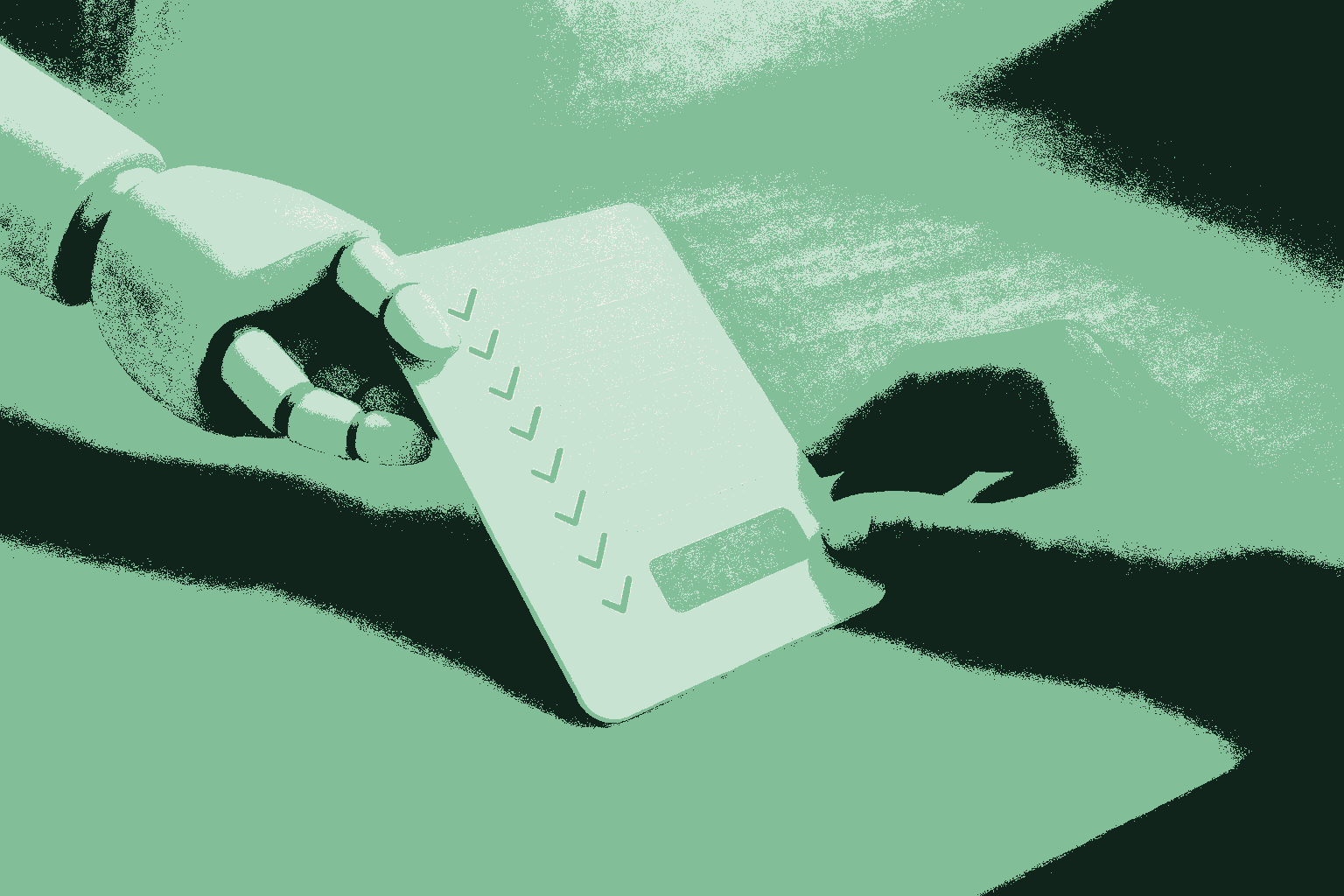 A friendly rounded robot hand slides a completed document across a warm desk to a waiting human hand. Down the document runs a column of check marks for the finished routine work, and one item near the human's side is highlighted in sage green, the single decision that belongs to the person. Rendered in muted warm cream against deep forest green. The machine completes and checks the administrative work; the agent owns the decision.