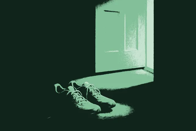 A pair of well-worn running shoes by a front door at dawn, laces loose, ready for the daily run, soft morning light coming through the doorway, rendered in muted warm cream against a deep forest green interior with the dawn light catching accent sage green. The quiet daily habit, unglamorous and repeated, that compounds.