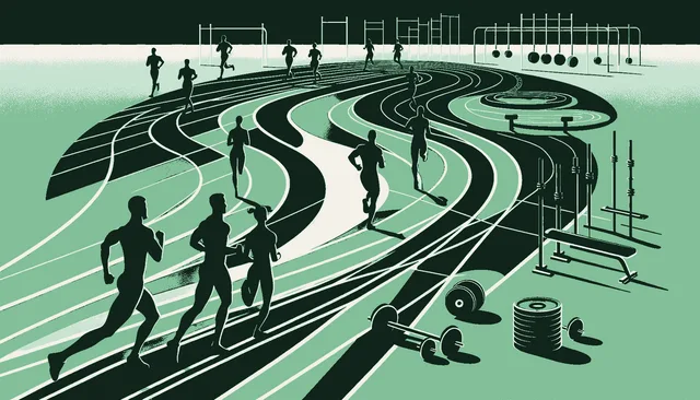 Back-facing silhouettes running along a curved sage-green training track with free weights in the foreground and a small empty classroom chair in the far background, evoking AI as a muscle built through reps and practice rather than a class absorbed passively