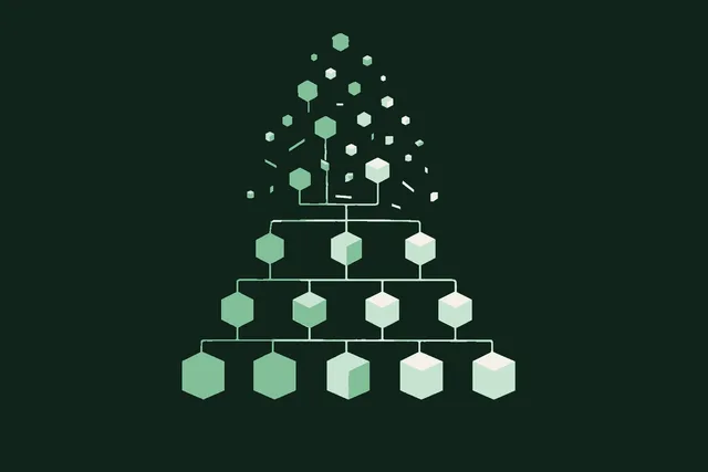 A single figure standing at the base of a massive organizational structure dissolving upward into fragments of light
