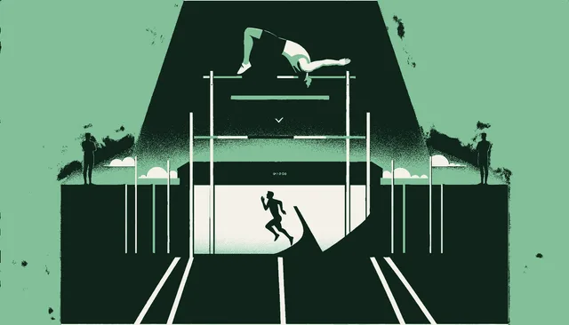 A high-jump bar elevated above its previous position with a runner approaching from below ready to clear it