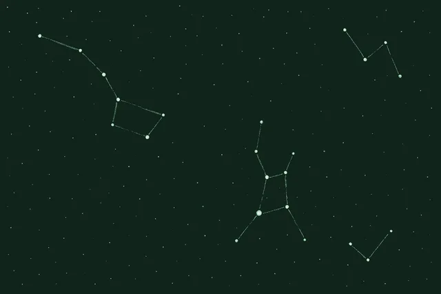 A night sky of many scattered stars against deep forest green. Real recognizable constellations, the Big Dipper, Orion, and Cassiopeia's W shapes, are picked out and connected by soft glowing sage green lines. Rendered in warm cream and mint. Among countless separate points, familiar meaningful patterns emerge once the connecting lines reveal them.