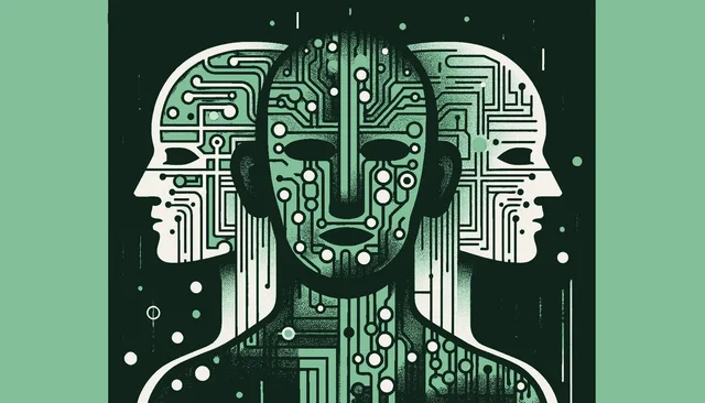 Abstract ai superpower domain expertise visual showing operational knowledge and AI capability combining into a larger faceless figure