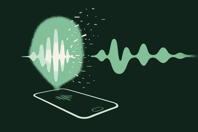 Editorial illustration of a phone in shadow with a sage green voice waveform emanating from the speaker and bifurcating partway out, one path continuing smoothly in sage green while the other fragments into warm cream static, evoking the moment of recognition that something on an AI voice clone call does not match