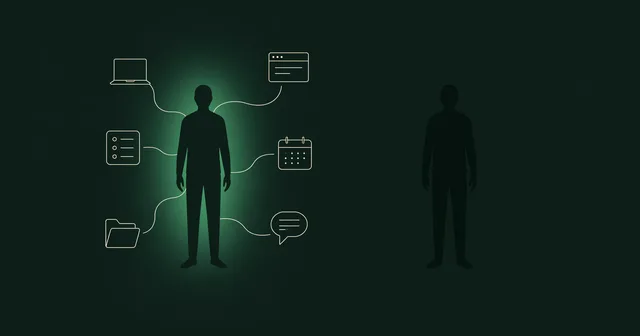 Two silhouetted figures side by side, one surrounded by connected flowing lines suggesting AI tools, one standing alone without them