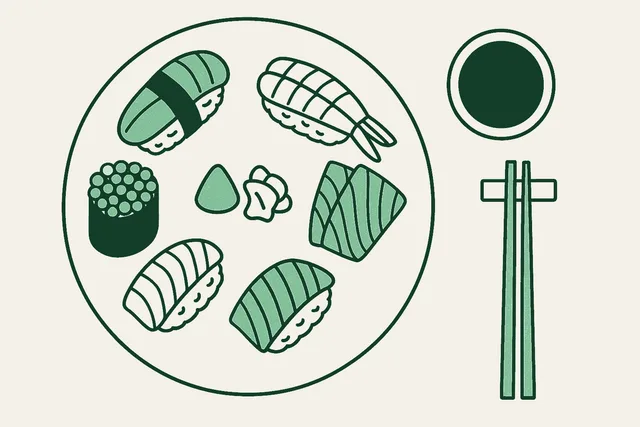 An overhead illustration of a sushi spread on a pale round ceramic plate. Pieces are arranged around the rim with a clear centre: nigiri, a shrimp piece, a fan of sashimi slices, a gunkanmaki heaped with round salmon roe beads and another holding lobed sea urchin, with a cone of wasabi and pickled ginger in the middle. A round dish of soy sauce and a pair of chopsticks on a rest sit beside the plate. Rendered in warm cream, sage, and deep forest green.