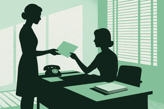 An early 1960s office rendered in silhouette. A standing woman extends an open folder toward a seated woman at a mid century desk, who is reaching to take it, the folder offered before it was asked for. A rotary telephone and squared stacks of paper sit on the desk, with warm light raking through venetian blinds behind. Rendered in warm cream, sage, and deep forest green.