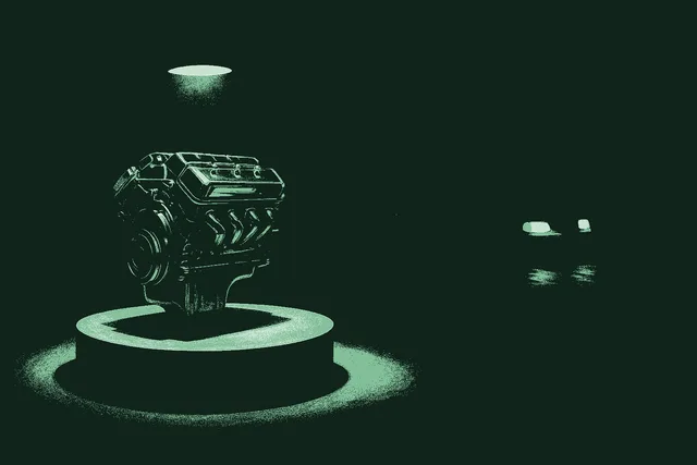 A sleek oversized engine on a pedestal under a spotlight in an empty showroom, while through the window behind it a modest car drives past on the road with its headlights on, actually going somewhere. Rendered in muted warm cream against a deep forest green showroom, the moving car's headlights catching sage green. Raw power admired versus usable experience in motion.