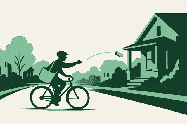 A paperboy in a flat cap riding a bicycle along a quiet residential street at dawn, caught mid-throw with a rolled newspaper arcing through the air toward the porch of a house on the right, a canvas delivery bag of papers across his shoulder. Rendered in warm cream, sage, and deep forest green.