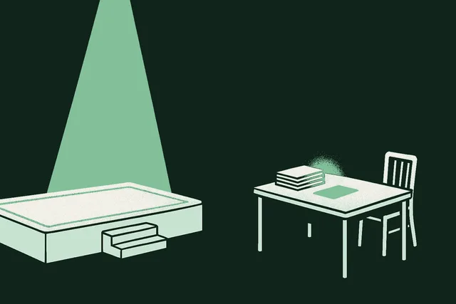 Editorial split scene contrasting a dramatic empty stage under a soft mint spotlight on the left with a quiet desk of stacked papers under a steady sage green glow on the right, evoking where AI attention goes versus where the AI money lives