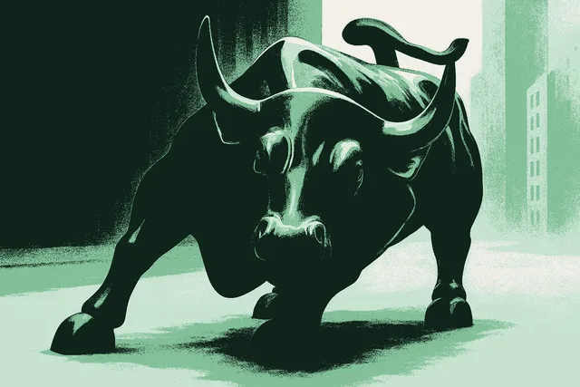 A painterly rendition of the iconic Wall Street charging bull, rendered in deep forest green bronze against a warm cream street, its head lowered and horns forward, with sage green catching the polished ridge of its back. The institution that moves only when the math is undeniable.