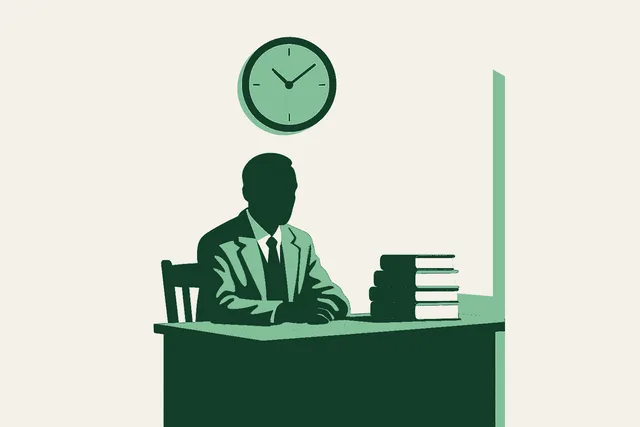 A professor in a tweed jacket seated calmly at a desk in a quiet university office, books stacked beside him and a large round wall clock on the wall above, warm afternoon light falling through a tall window. Rendered in warm cream, sage, and deep forest green.