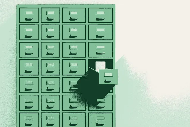 A wall of small labelled cabinet drawers seen straight on, arranged in a tall even grid and all closed flush, except one drawer near the centre pulled open with a single card standing upright in it, lit by a warm shaft of light. Rendered in warm cream, sage, and deep forest green.