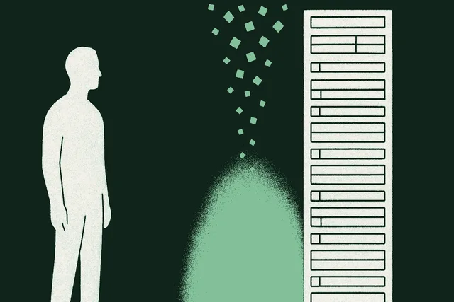 Editorial illustration of a single muted warm-white human figure standing on the left side of the frame, with a tall column of repetitive form fields and small boxes on the right, a stream of those boxes lifting and dissolving away from the figure in accent sage green, against a deep forest-green background, evoking the administrative drag being cleared away from a real estate agent rather than the agent being replaced