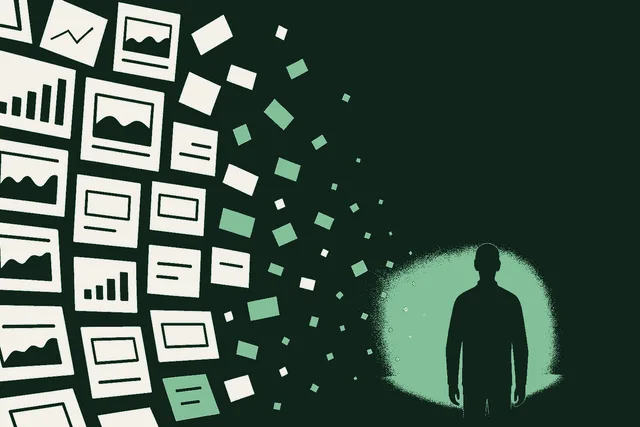 Editorial illustration of a dense cluttered wall of glowing warm-cream screens and panels on the left side dissolving across the frame into a single calm open space of deep forest green on the right, where one small human silhouette stands unburdened in a soft sage green glow, evoking relief from dashboard clutter as work removed rather than displayed