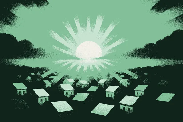 A cluster of simple house rooftops sitting in dim forest-green shadow while a break in heavy clouds above sends a single shaft of warm light down onto them, most rooftops still in shadow and a few catching cream-colored light, the shaft glowing sage green. Opportunity and belief descending on the houses that were overlooked.