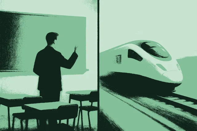 A split editorial illustration divided down the middle. On the left, a teacher gestures at a blank chalkboard in a classroom of empty desks, representing the guidance a new agent needs. On the right, a sleek bullet train speeds along a track, representing the trust and momentum an experienced agent wants. Rendered in muted warm cream against deep forest green with sage green accents. Great AI teaches when it needs to and gets out of the way when it doesn't.