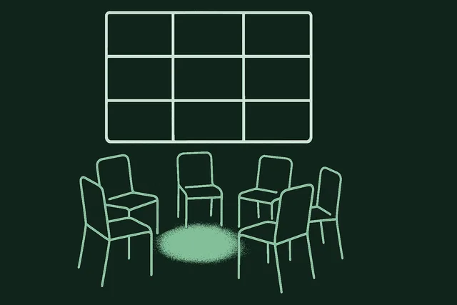 Editorial illustration of a warm physical room with chairs arranged around a central sage-green glow, contrasted against a cold flat grid of video-call rectangles in the background, evoking the difference between physical presence and remote connection