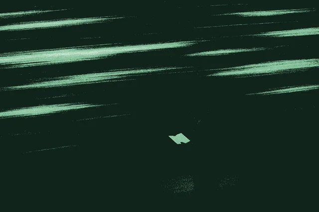 A crowded blur of fast-moving light streaks races across most of the frame, and in the lower third a single figure stands still on a clear patch of ground, unbothered, looking down at a small notebook. Stillness and clarity while everything races past, rendered in muted warm cream light streaks against a deep forest green background with the figure's notebook and clear ground catching accent sage green.