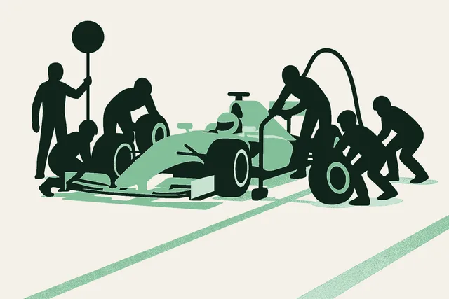 A Formula One style pit stop mid-service in warm cream and sage green: a crew of dark green silhouetted figures swarming a race car in choreographed positions, jack operator, tire carriers, and fuel man each doing one job at the same instant, while the lollipop man stands out front holding the timing for all of them. Speed comes from coordination, not from adding people.