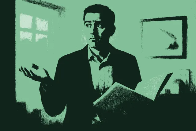 An original illustration of a real estate professional standing in a warm office, mid-shrug with a puzzled, searching expression, holding a half-open folder of papers, wondering where they left off after an interruption. Rendered in muted warm cream against deep forest green with the figure catching accent sage green. The confusion of returning to a transaction the software has forgotten, having to start over.