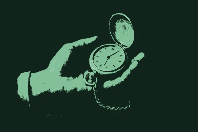 Painterly oil still-life close-up of a single open palm cradling an antique brass pocket watch with the lid swung back, the watch face glowing soft sage green from within, in the Wyeth and Hopper still-life tradition, against a deep forest-green background, evoking the moment AI becomes real by giving someone their actual time back