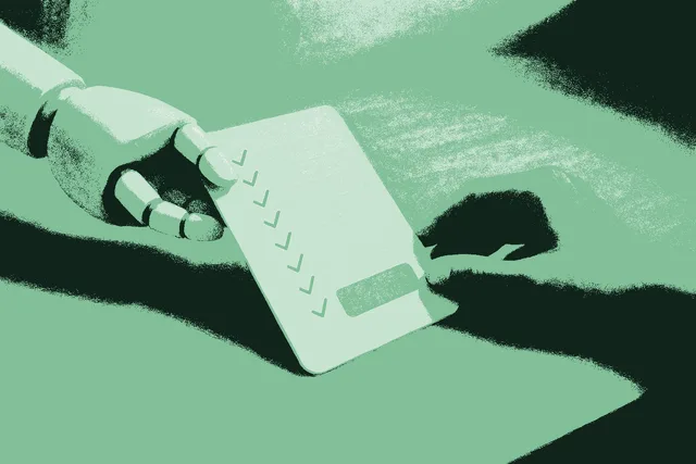 A friendly rounded robot hand slides a completed document across a warm desk to a waiting human hand. Down the document runs a column of check marks for the finished routine work, and one item near the human's side is highlighted in sage green, the single decision that belongs to the person. Rendered in muted warm cream against deep forest green. The machine completes and checks the administrative work; the agent owns the decision.