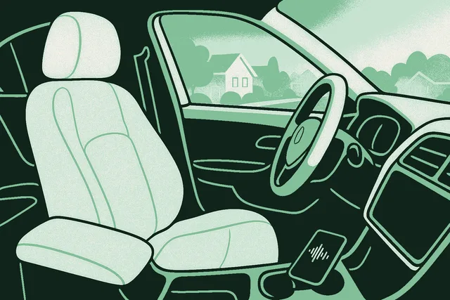 Editorial illustration of an empty driver seat in a parked sedan with a phone resting in the cup holder showing a faint audio waveform, golden-hour light through the windshield blurring into a suburban California neighborhood, evoking the car as office and the voice as work